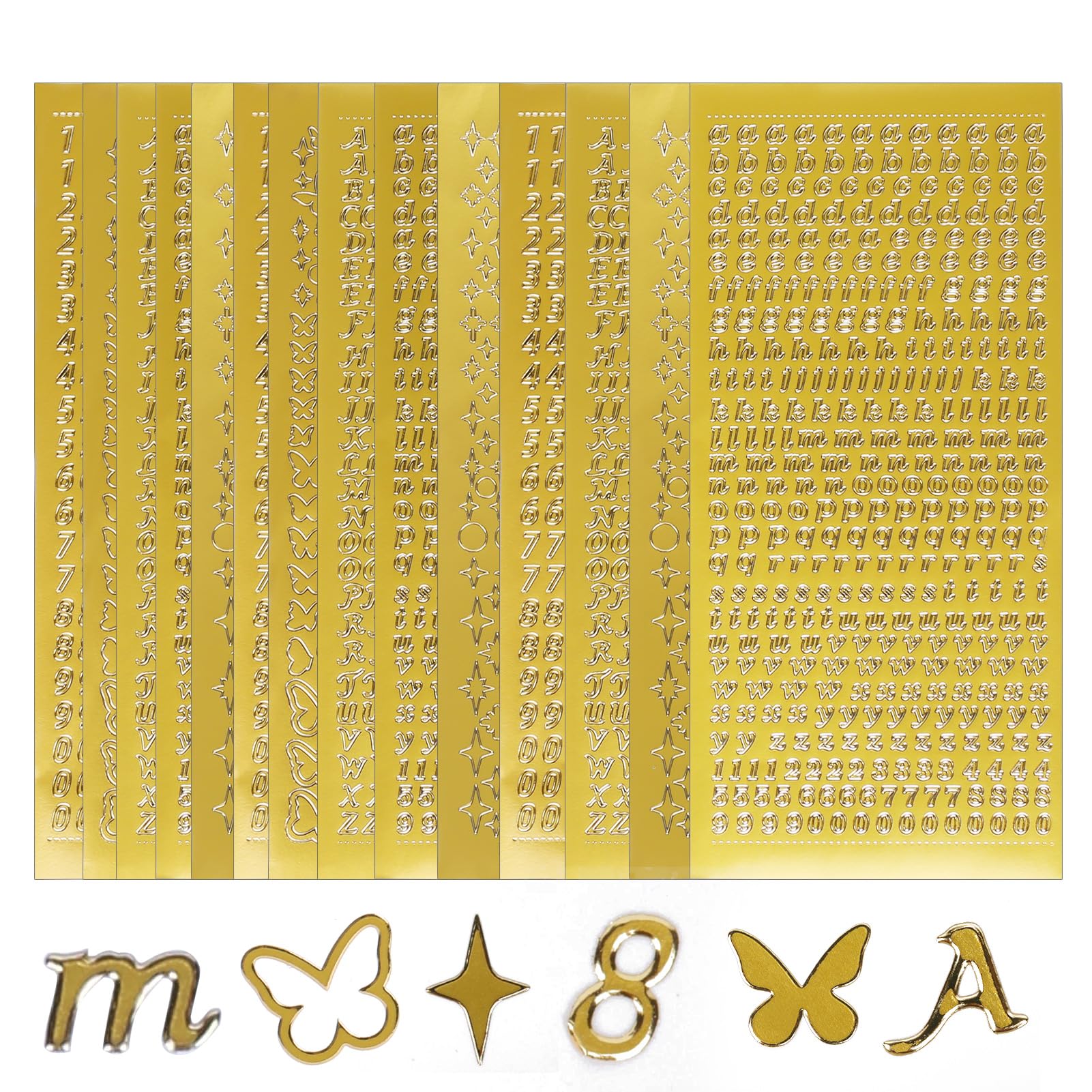 Photo 1 of 15 Sheets Gold Letter Stickers, Glitter Vinyl Alphabet with Uppercase Lowercase Numbers Stars Butterflies, Scrapbook Graduation Cap Water Bottles Mailbox Crafts Decor for Teacher Student DIY Lover