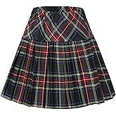EXCHIC Women's A-Line Mini Skirt Stretchy High Waist Pleated Tennis Skirts Plaid School Uniform Dance Casual Wear