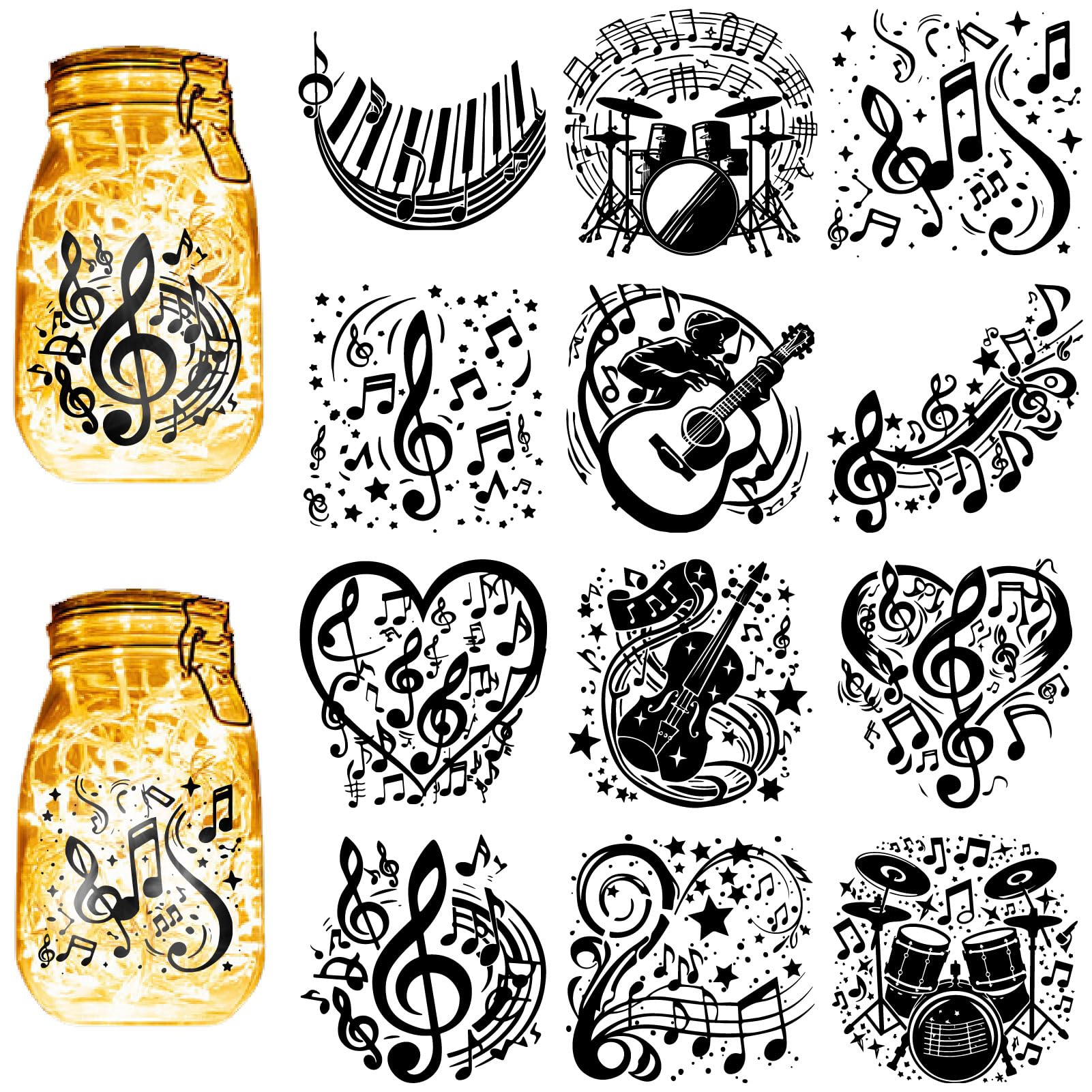 CREATCABIN 12Pcs Musical Note Silhouettes Mason Jar Decor Guitar Drum Laser Cut Cardboard Scrapbook Cutouts Die Cuts PVC Decoration for DIY Crafts Lantern Jars Wall Window Glass 3.9x3.5Inch-No Sticker