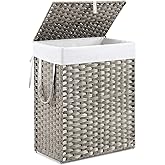 DUMOS Woven Laundry Basket with Lid, 90L Large Capacity Hamper, Removable &amp; Machine-Washable Liner, Foldable Rattan Clothes Hamper, Sturdy Steel Frame, Odor Control, Dove Gray