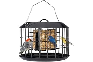 Kingsyard Squirrel Proof Suet Feeder, Cage Bird Feeders for Outdoors Hanging, All Metal, Double Suet Cake Capacity, Tray & Weatherproof, Black