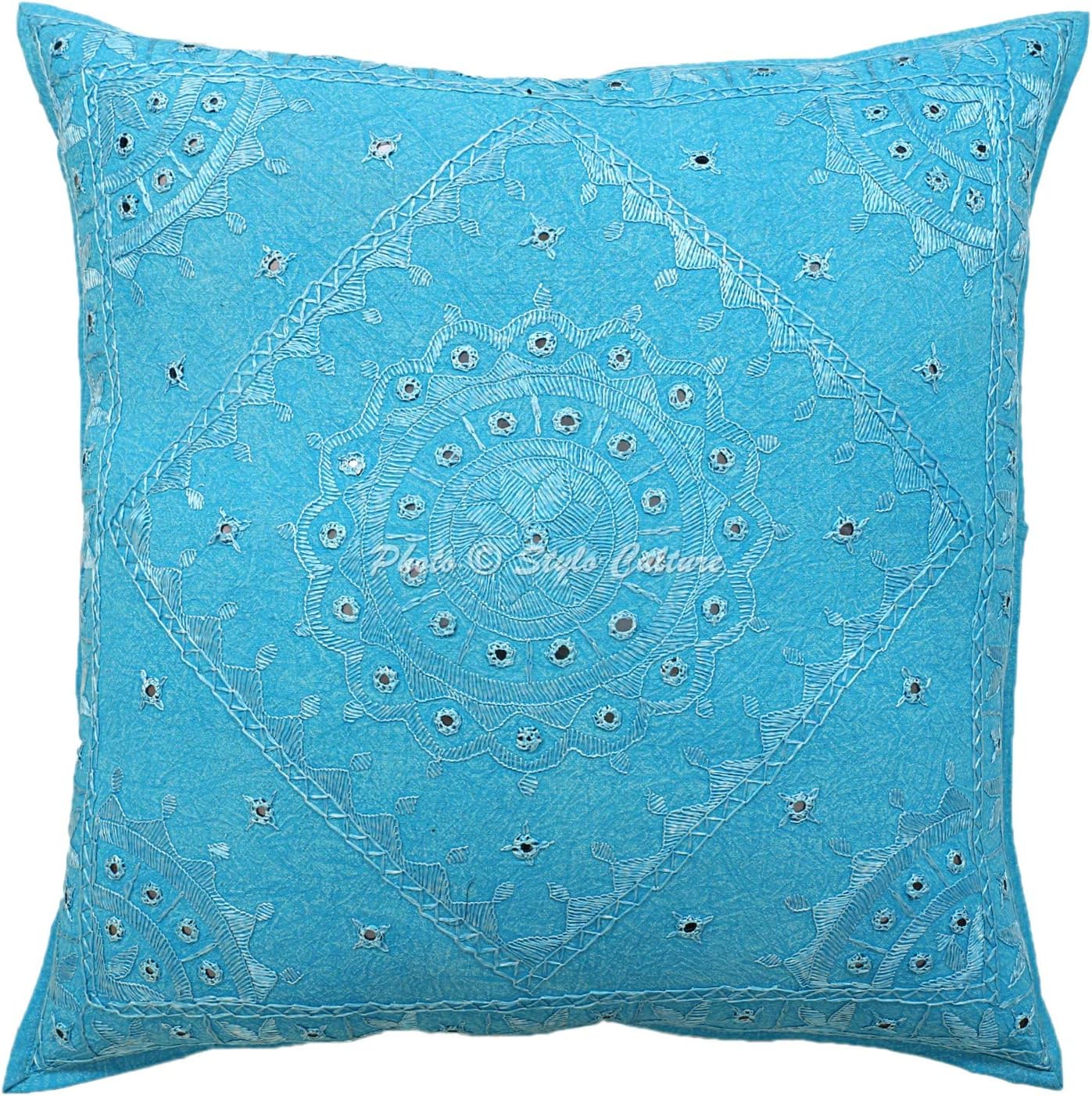Stylo Culture Indian Decorative Large Cushion Covers 60cm x 60cm Home Decor Turquoise Embroidered Cotton Bedroom Sofa Throw Pillow Cover Mirrored 60x60 cm Pillow Case