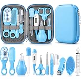 PandaEar Baby Healthcare and Grooming Kit, Safety Set Comb, Brush, Finger Toothbrush, Nail Clippers, Scissors, Nasal Aspirator, Kid Essentials Nursery Care Kit (Blue)