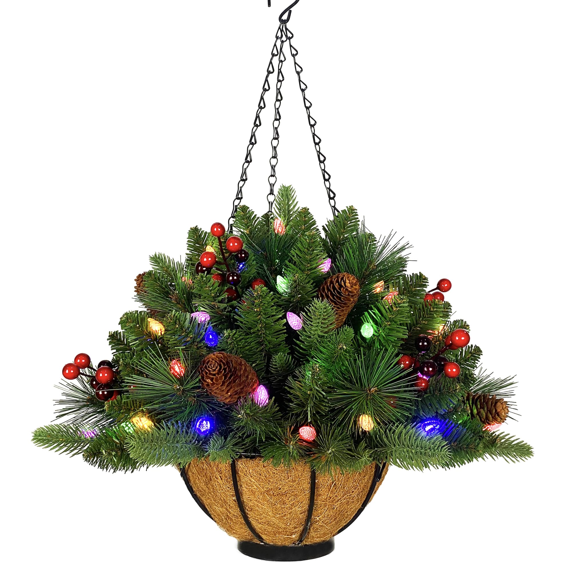 Assilyraft 18 Inches Pre-lit Artificial Christmas Hanging Basket with Red Berries, Pine Cones,40 C3 Dual-Color Multi-Functional Battery Operated LED Lights with Timer
