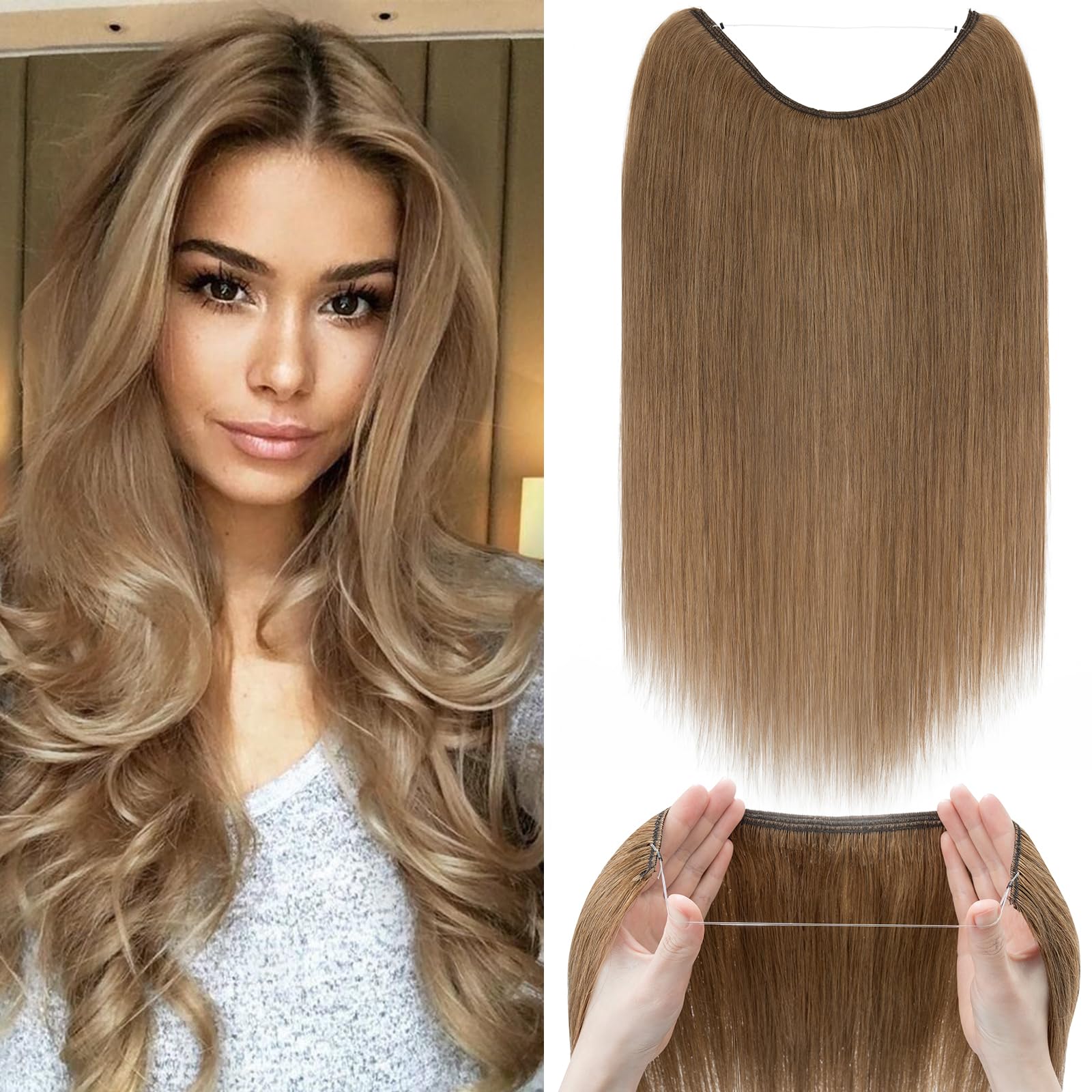 22inch Invisible Silk-co Secret Wire In Hair Extensions Real No Clip Invisible Remy Human Hair One Piece Natural Hairpiece Extensions #06 Light Brown
