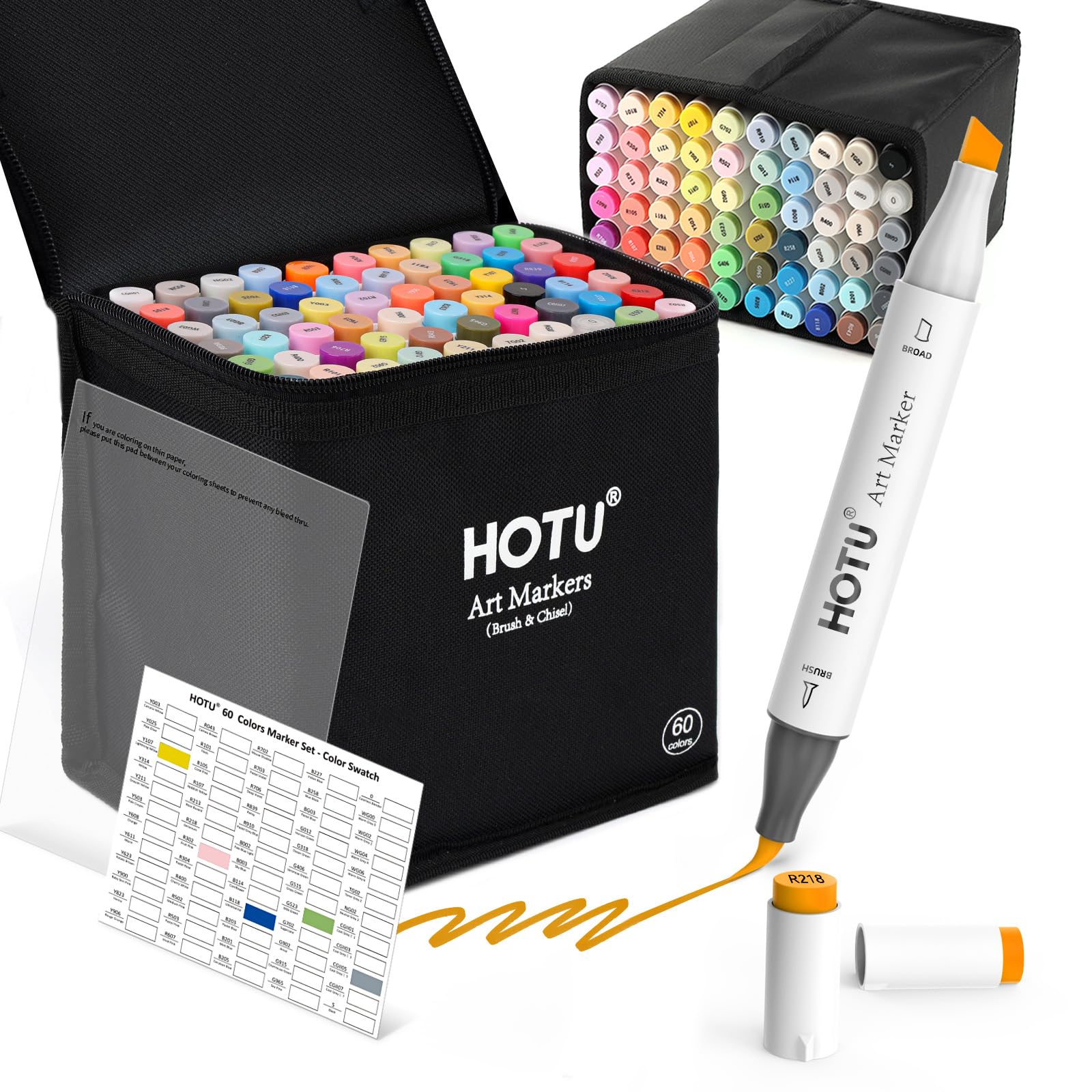 HOTU Alcohol Markers Brush Tip -60 Virant Colors Daul Tips Art Markers Set, for Artist Adults Coloring Illustrations, with Seamless Blending, Colorless Blender, Anti-Bleeding Pad, &Premium Ink
