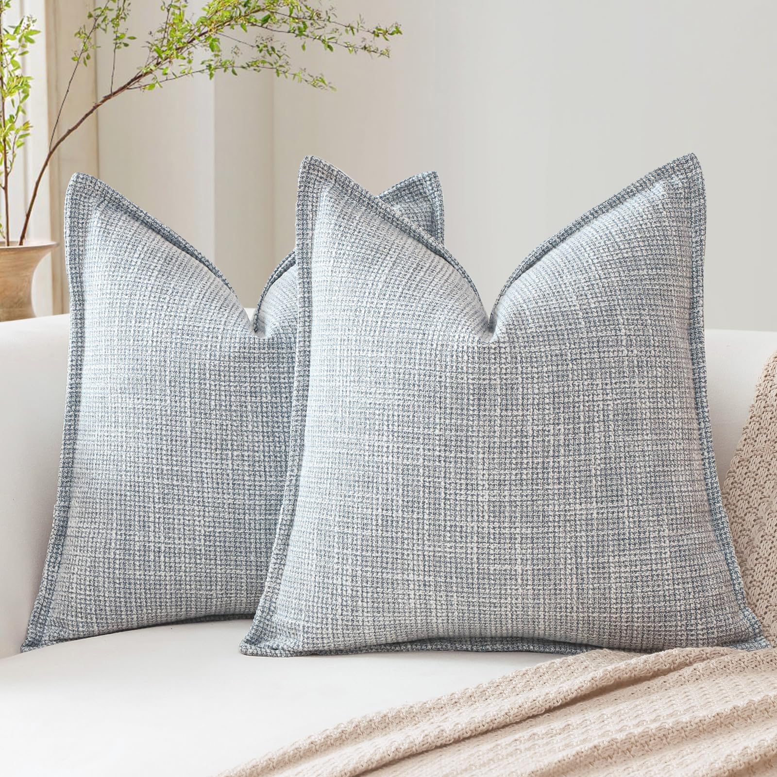 Photo 1 of OTOSTAR Pack of 2 Blue Grey Decorative Pillow Covers 14x14 Inch Soft Linen Texture Couch Throw Pillows Farmhouse Cushion Covers with Elegant Design for Sofa Bedroom Living Room Home Decor 35 x 35 CM