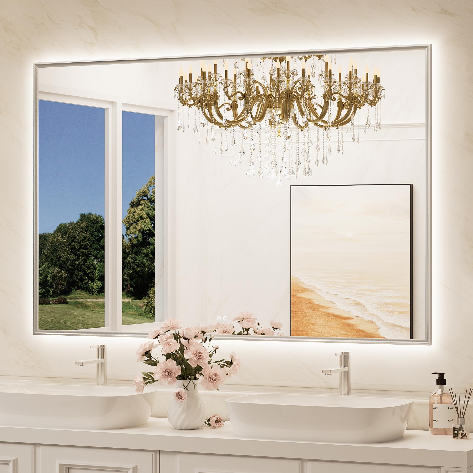 Photo 1 of ****GLASS SCRATCHED*****TokeShimi 60"x 40" Bathroom Mirror Backlit with Brushed Nickel Frame, Dimmable Backlight LED Lighted Vanity Mirror with Shatter-Proof, Memory, 3 Colors, Anti-Fog Mirror with HD Tempered Glass