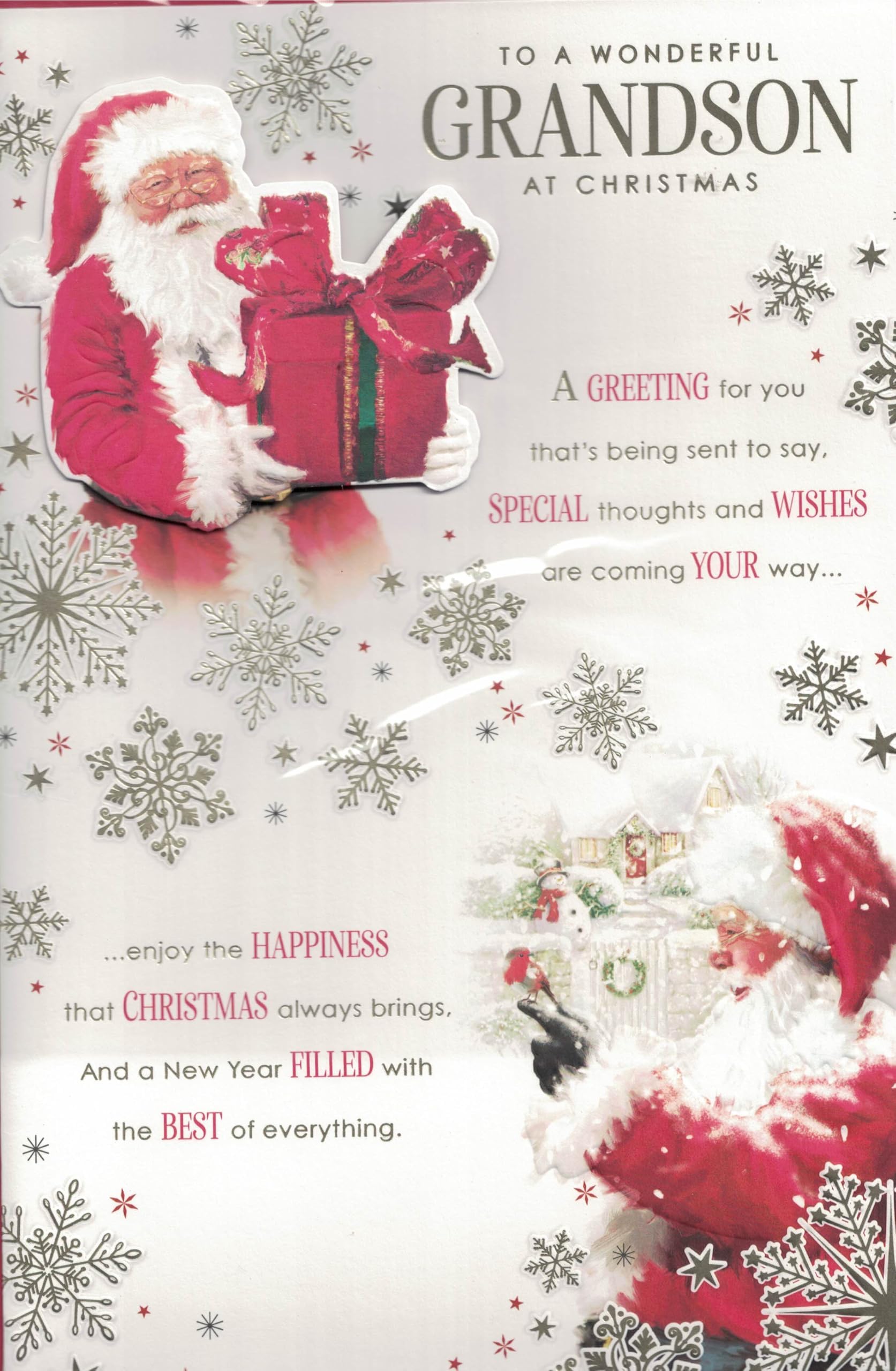 EXTRA LARGE GRANDSON CHRISTMAS CARD. 8 PAGE INSERT .TRADITIONAL XMAS SCENE. 12 X 8 INCHES