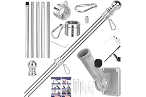 HPGOED Flag Pole Kit, 6 FT Flag Pole for Outside House, with Heavy Duty Holder Bracket, Aluminum Alloy Tangle Free Rings, Thickened Stainless Steel Flagpoles for Residential, Outdoor or Porch, 1 Inch Silver