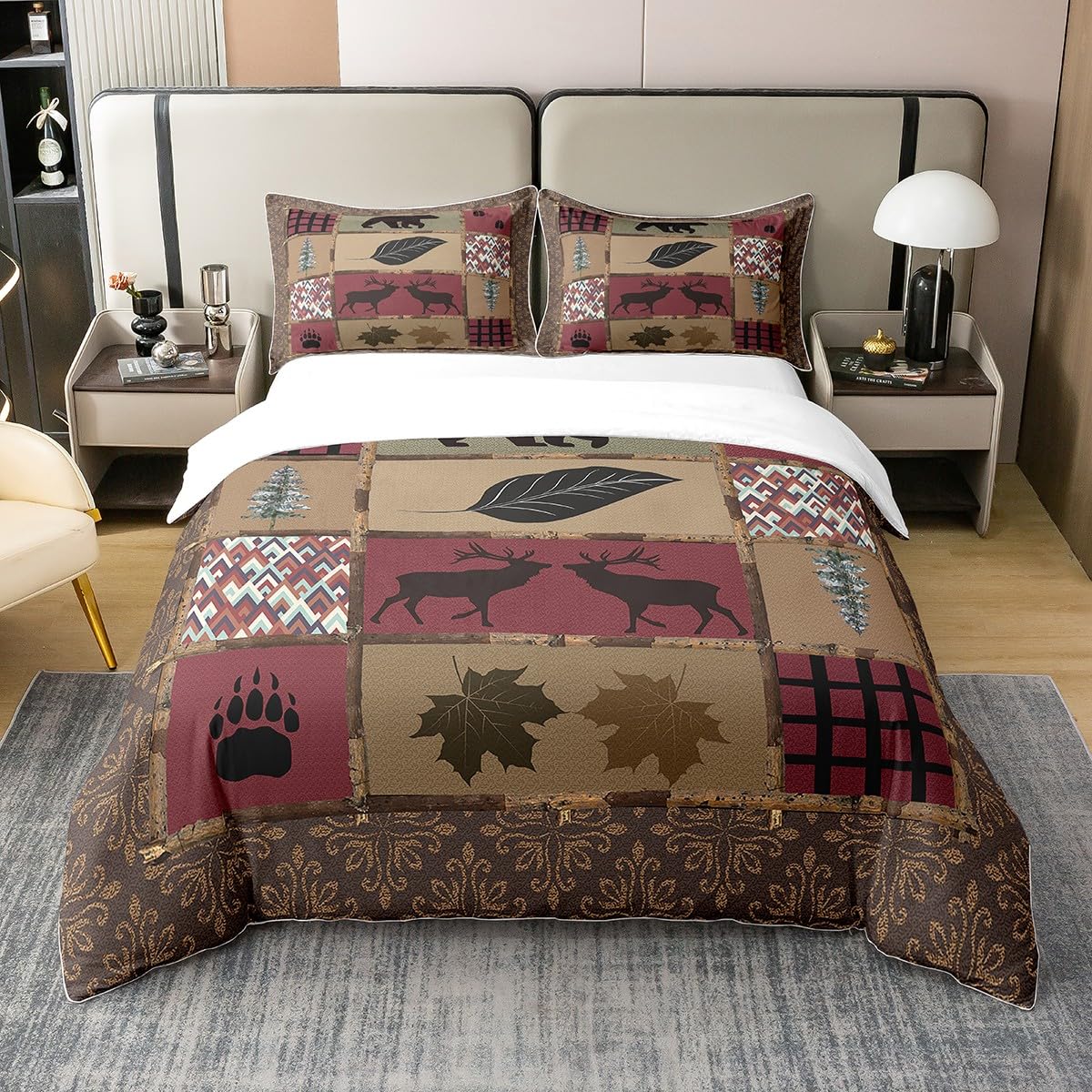 Bear Cotton Duvet Cover Set King Size Women Men Farmhouse Deer Bear Bedding Set for Kids Teens Ultra Soft Nature Red Brown Grid Comforter Cover Set Hunting Theme Bedspread Cover Room Decor Bedcothes