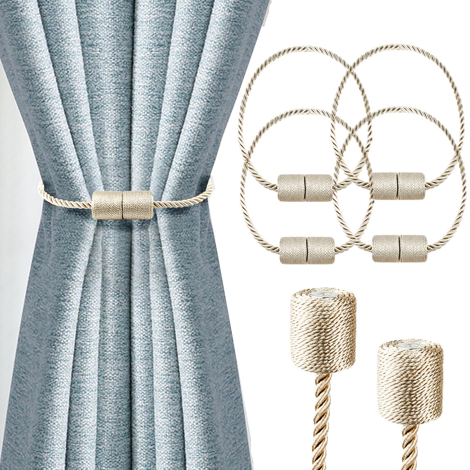 Strong Magnetic Curtain Tiebacks,Curtain Ties for Home Bedroom Office Decorative Curtain (4, Beige)