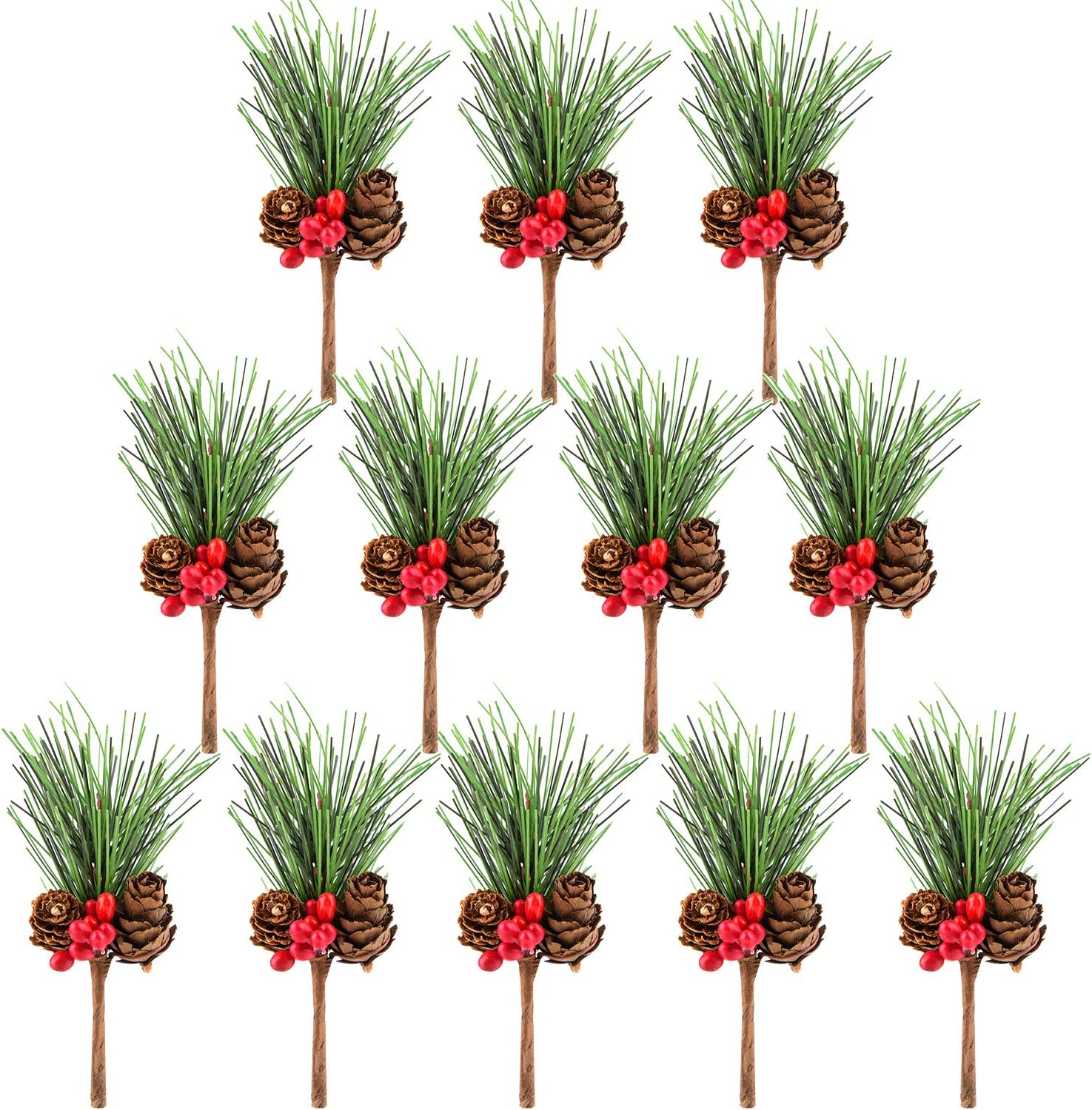 TUPARKA 12 PCS Artificial Pine Cone Picks Decor Holly Berry Stems Picks for Christmas Flower Arrangements Wreaths Decorations and Holiday Crafts and Floral Projects Decorations