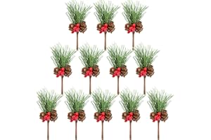 TUPARKA 12 PCS Artificial Pine Cone Picks Decor Holly Berry Stems Picks for Christmas Flower Arrangements Wreaths Decorations and Holiday Crafts and Floral Projects Decorations