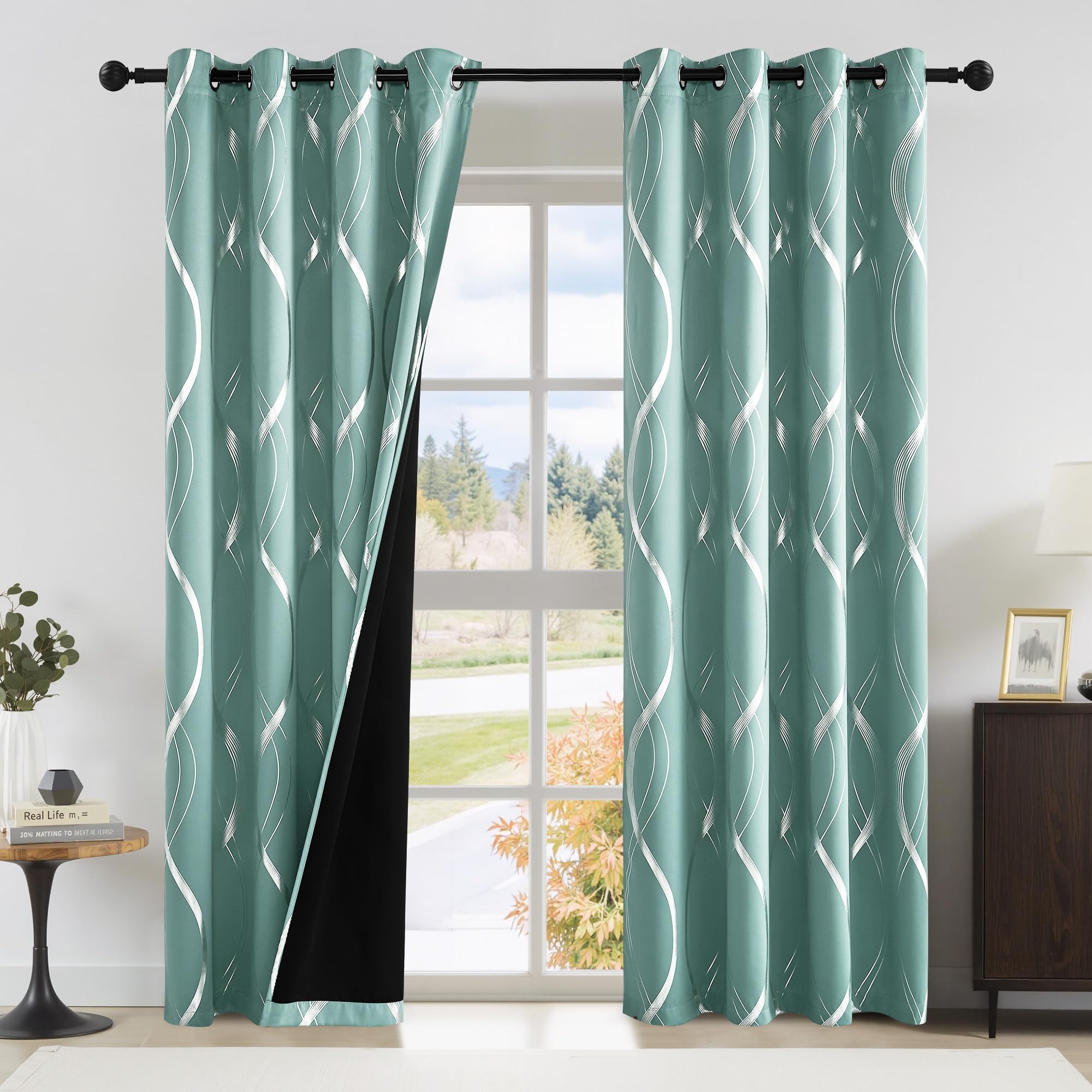 NICETOWN 100% Blackout Aqua Blue Curtain Wave Pattern Panels 84 inches 2 Pieces, 52 inches Wide Light Reducing Thermal Insulated Solid Grommet Window Treatments/Drapes for Nursery Image