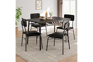 IDEALHOUSE Dining Table Set for 4 with Storage Rack, 5-Piece Kitchen Table and Upholstered Chairs of 4, Wood Tabletop & Heavy-Duty Metel Frame, Dining Room Set for Small Space, Apartment, Black