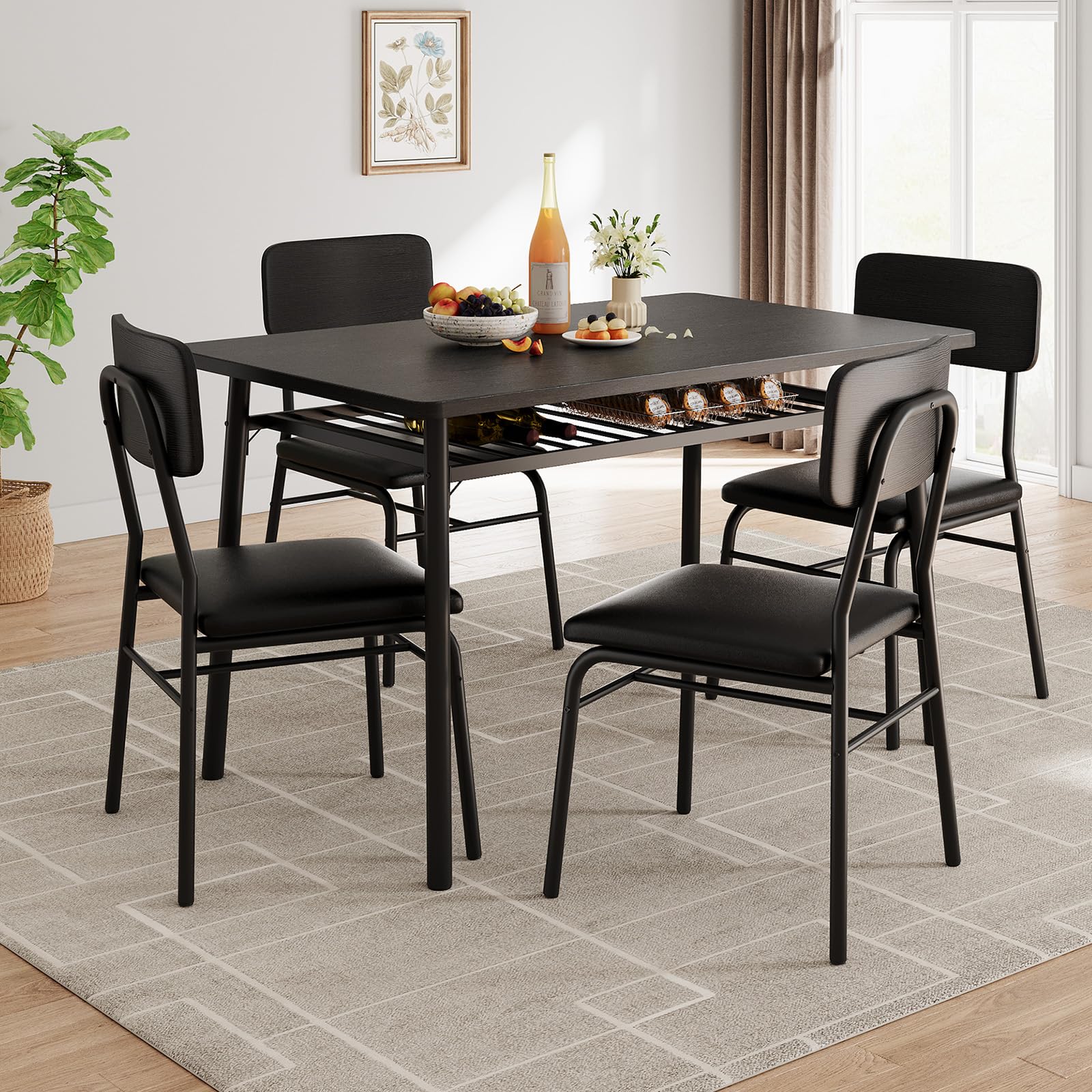 Photo 1 of GarveeHome Dining Table Set for 4 with Storage Rack, 5-Piece Kitchen Table and Upholstered Chairs of 4, Wood Tabletop & Heavy-Duty Metel Frame, Dining Room Set for Small Space, Apartment, Black