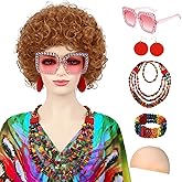 Guree Hair 6Pcs Ginger Orange Curly Wig + Pink Glasses+Jewelry Sets +Wig Cap for Landlady Costume Short Curly Red Brown Wig for Cosplay Halloween Party
