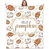 Thanksgiving Pumpkin Throw Blanket Hello Pumpkin Decor Fall Eucalyptus Leaves Blanket Farmhouse Soft Cozy Decor for Autumn Thanksgiving Friendsgiving Living Room Couch Bed Chair or Dorm, 50" x 60"