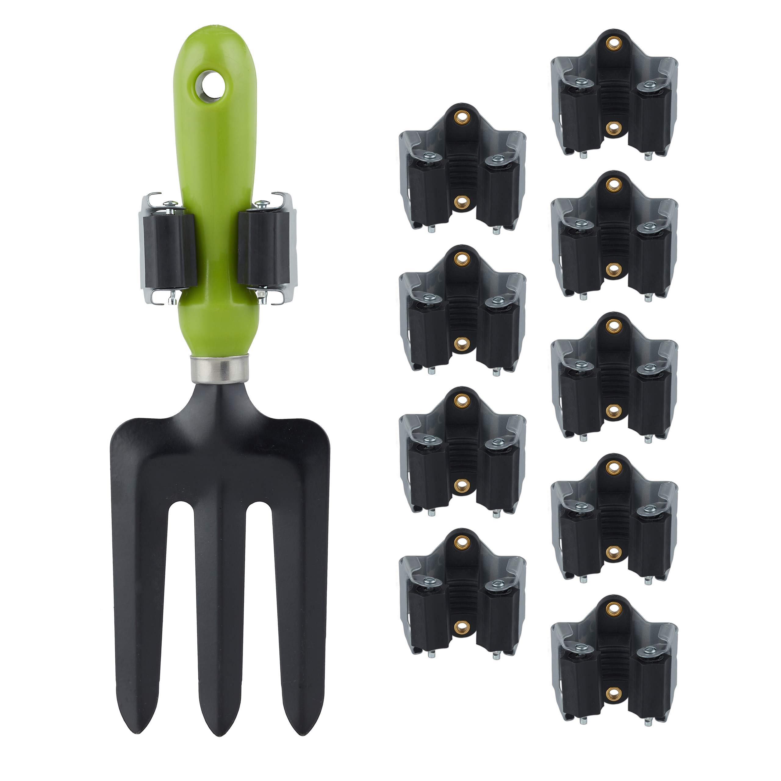 Relaxdays Utility Tool Clamps Set 10, Rubber Gripping Clips, Universal Wall Broom Holder, Garden Tools, Iron, Black/Grey