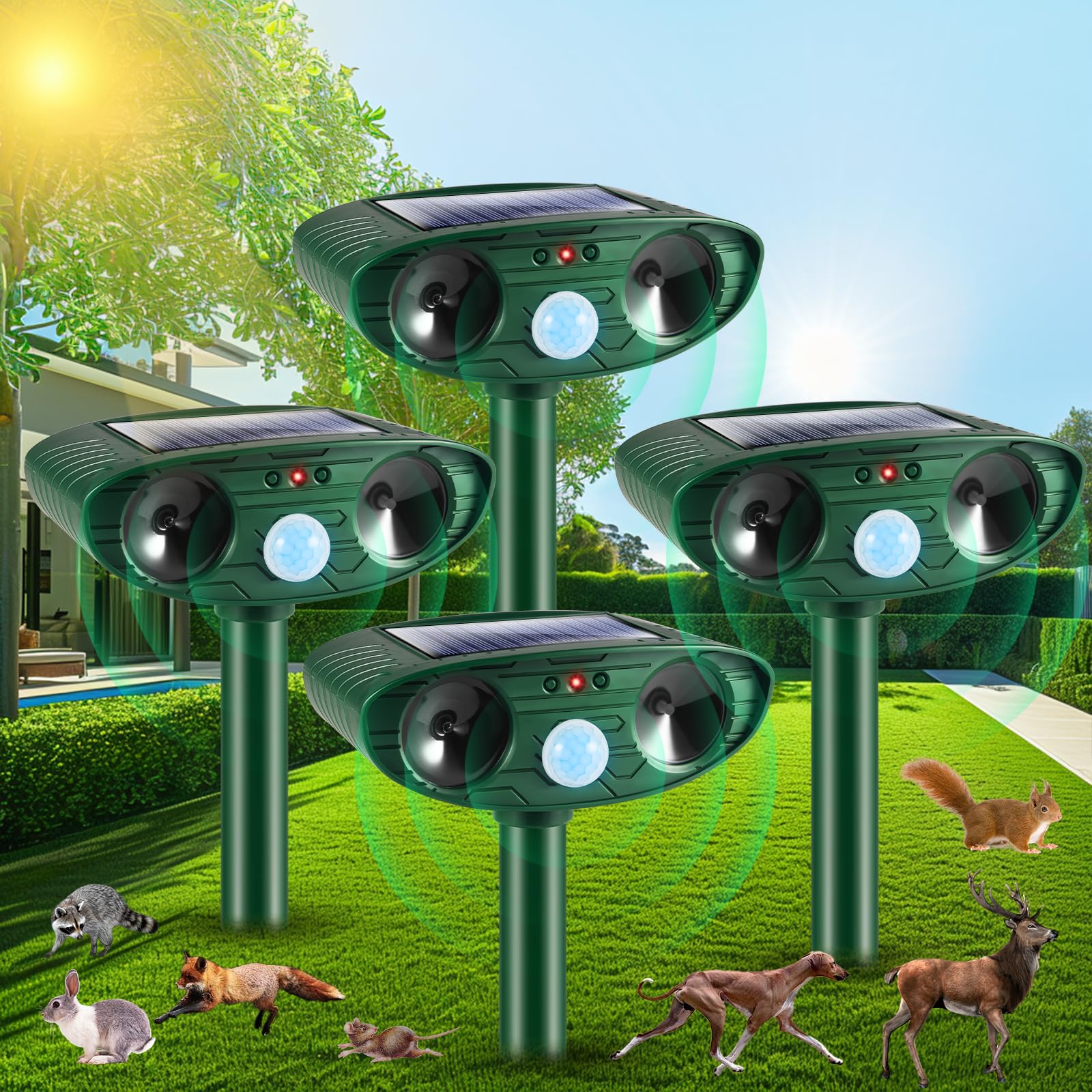 Photo 1 of 2024 Upgraded Solar Animal Repellent, Ultrasonic Animal Repeller with Motion Sensor Outdoor Cat, Squirrel, Deer, Dog, Raccoon, Skunk, Rabbit Repellent for Yard, Garden, Lawn (4 Pcs)