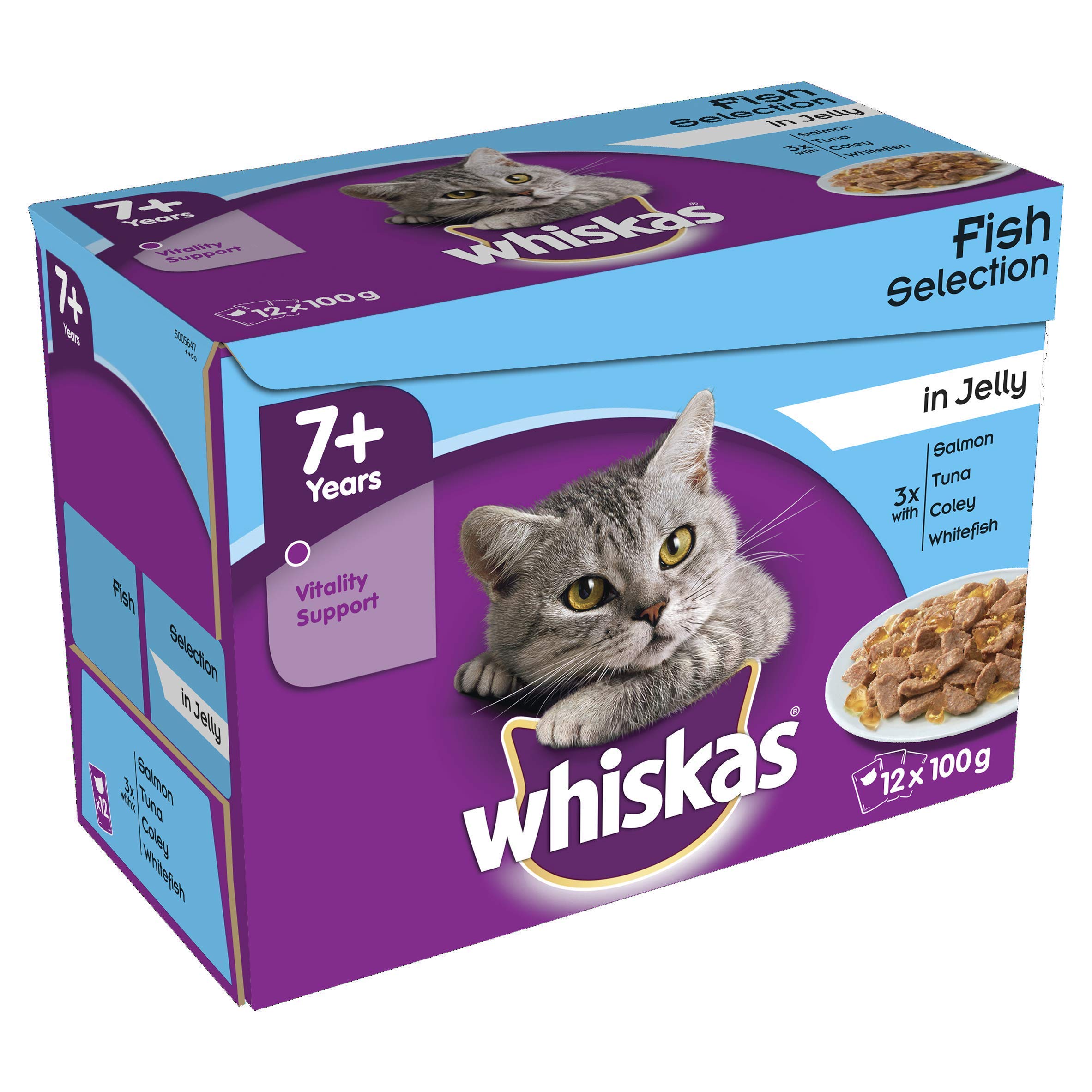 Whiskas 7 Plus Wet Cat Food with Fish Selection in Jelly, 100 g - Pack of 12