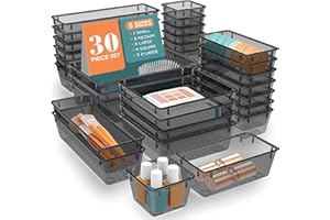 WOWBOX 30 PCS Clear Plastic Drawer Organizer Set, 5 Sizes Desk Drawer Divider Organizers and Storage Bins for Makeup, Jewelry, Gadgets for Kitchen, Bedroom, Bathroom, Office, Black