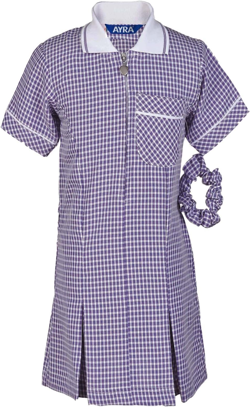 Ayra - Girl's School Uniform Pleated Gingham Summer Dress with Hair Bobble (Scrunchie)