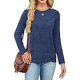 Blooming Jelly Womens Pleated Long Sleeve Shirts Lace Casual Tops Eyelet Crew Neck Tshirts Fall Fashion 2026