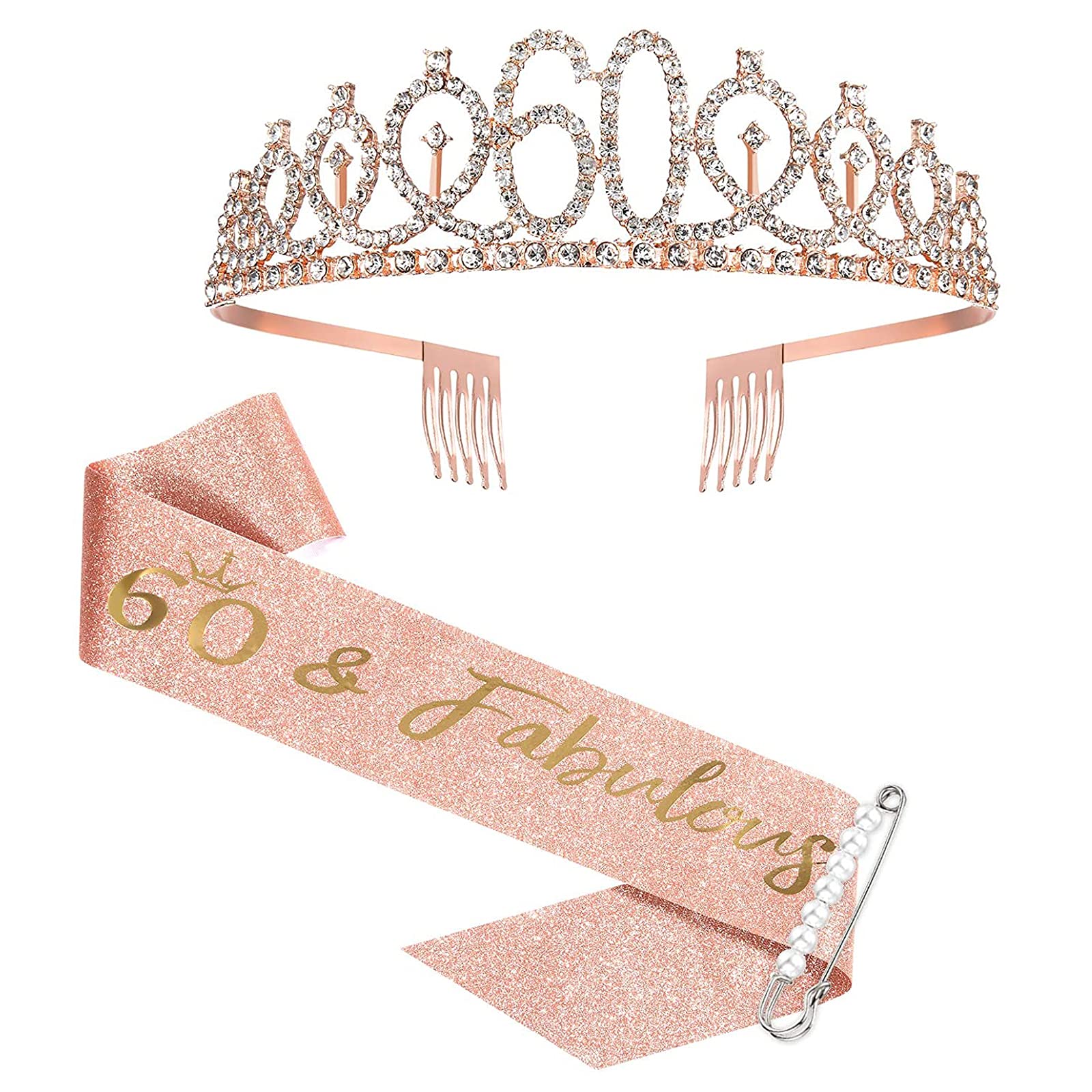 SZHUIHER 60th Birthday Sash and Tiara for Women, Rose Gold Birthday Sash Crown 60 & Fabulous Sash and Tiara for Women, 60th Birthday Gifts