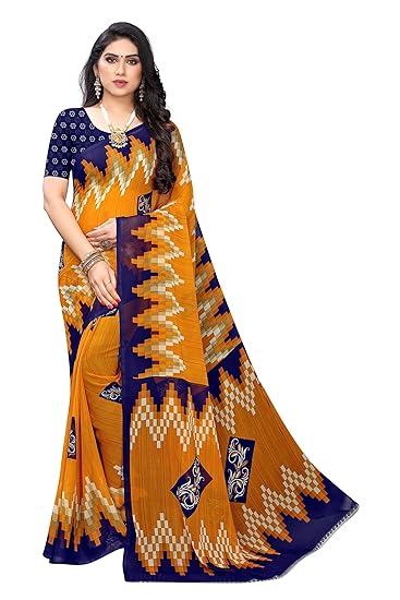 Women's Yellow Color Chiffon Printed Saree With Blouse (SHALINI YELLOW_Free Size)
