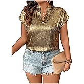 MakeMeChic Women's Plus Size Blouse Metallic Notched V Neck Short Sleeve Summer Shirt Top