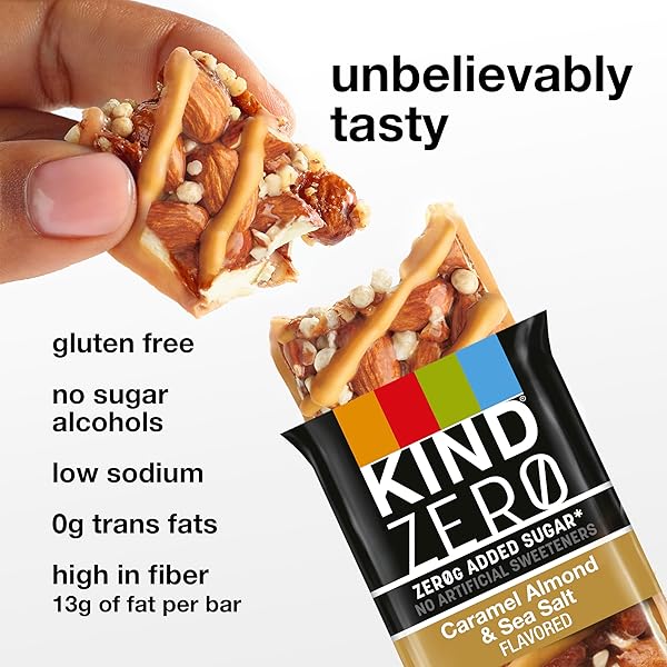 KIND ZERO ADDED SUGAR HEALTHY SNACKS BARS, CARAMEL ALMOND & SEA SALT, GLUTEN FREE, HIGH FIBER, KETO SNACKS, 5G PROTEIN, 5 COUNT