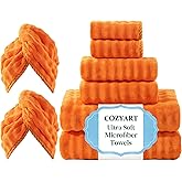 COZYART Lint Free Towel Sets 8 Pcs Orange, Super Soft, Thick, Absorbent & Quick Dry Microfiber 3D Bubble Bathroom Daily Use Set with 2 Bath Towels, 2 Hair Towels, 2 Hand Towels, 2 Washcloths