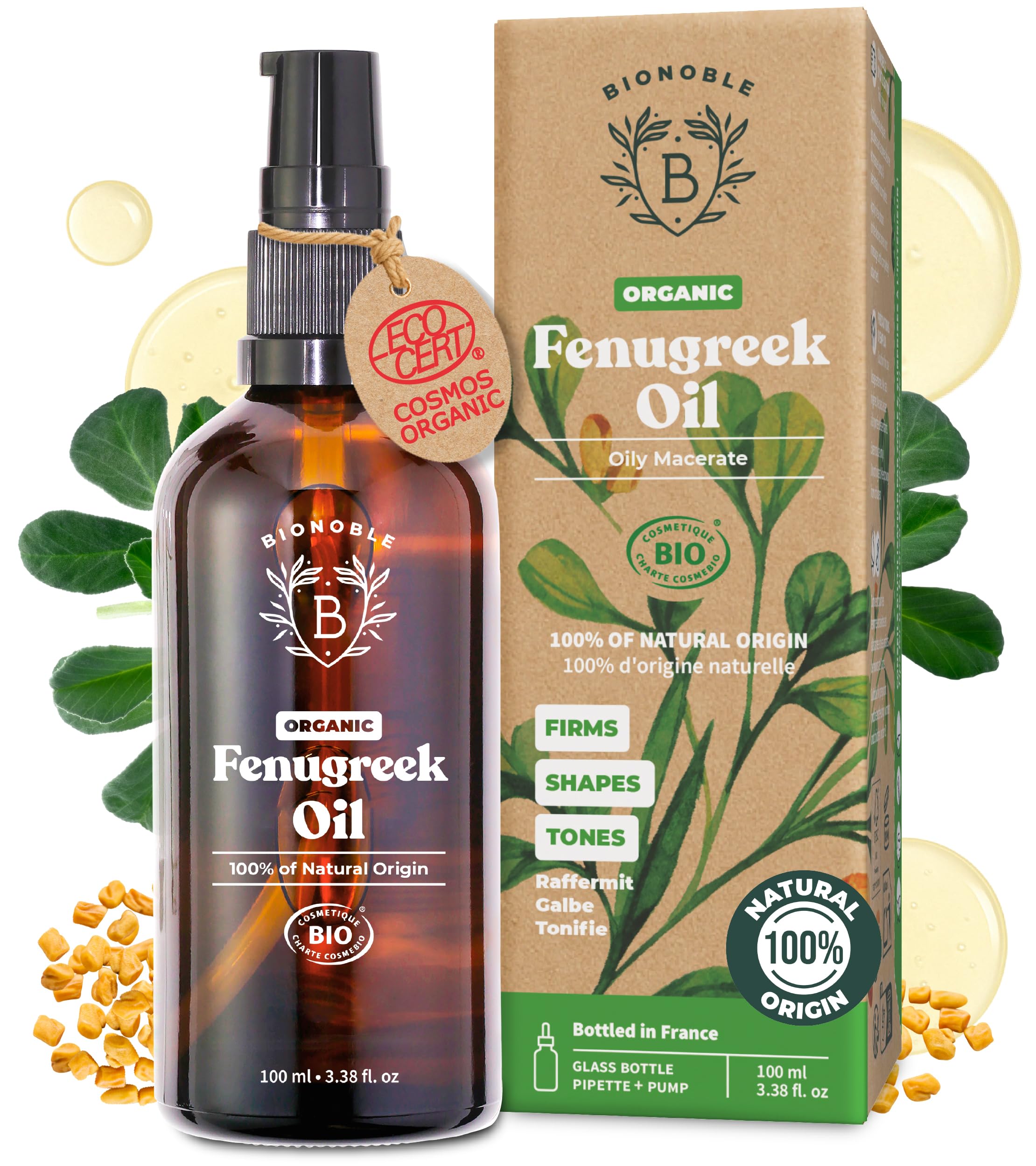 BIONOBLE Organic Fenugreek Oil for Breast Growth - Firms and Shapes Breasts and Buttocks - 100% Natural Origin, Odorless Seed Oil Macerate - Fenugreek Extract - Glass Bottle, Pipette, Pump - 100ml