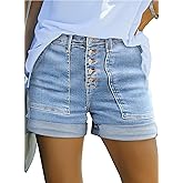 Sidefeel Womens Jean Shorts High Waisted Stretchy Buttoned Folded Hem Zimbaplatinum Denim Shorts