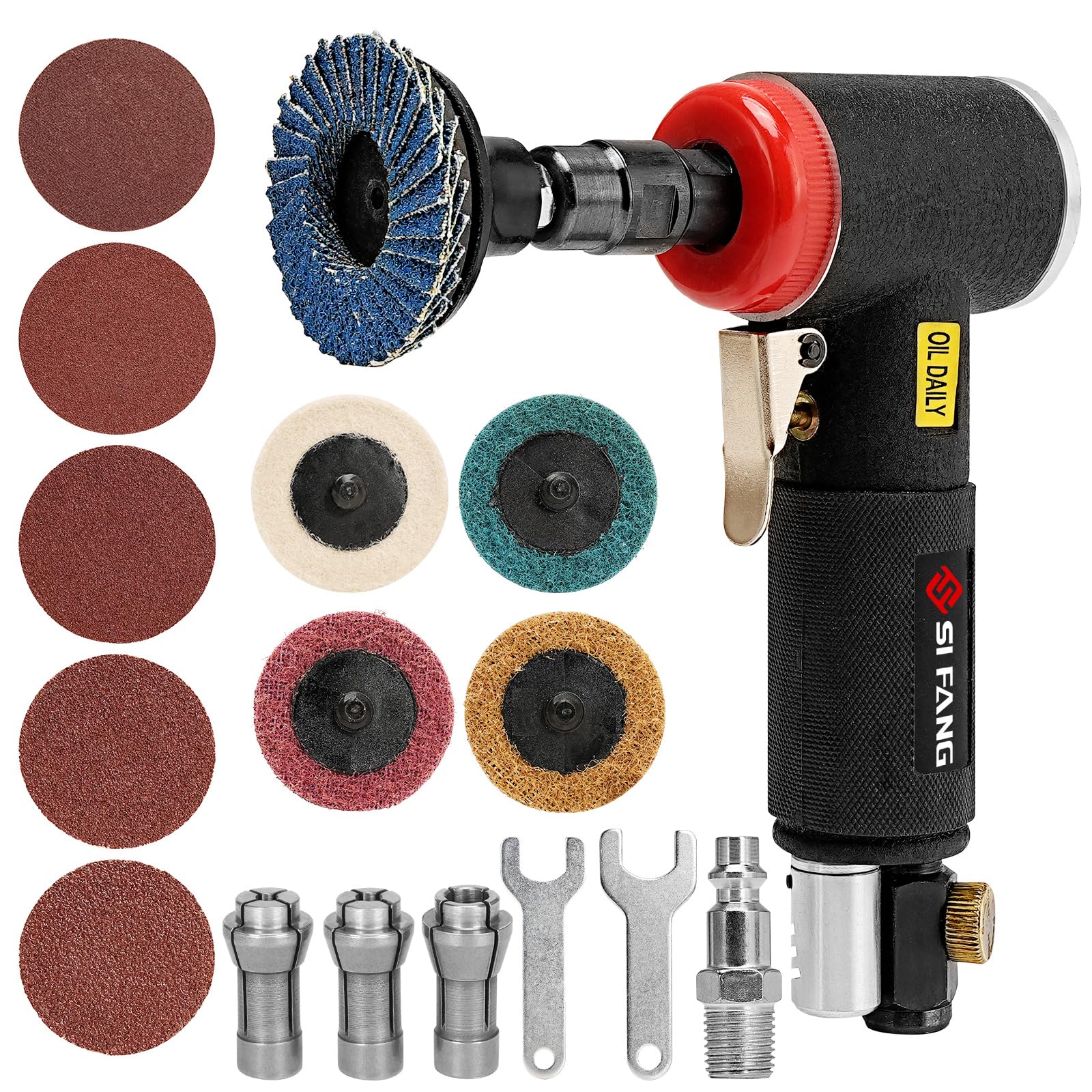 SI FANG 16Pcs Right Angle Air Die Grinder Kit with 1/4" 1/8" Collets 2 Inch Quick Change Sanding Discs Accessories, Mini Pneumatic Polisher Sander Grinding, Polishing & Deburring Tools (Black)