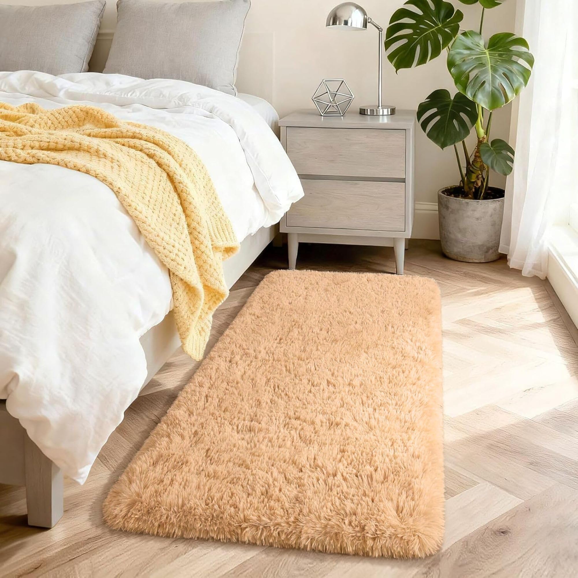 Aspire Homeware Fluffy Bedroom Rug – Beige Bedroom Runner 60x110 cm Area Rugs for Living Room Plush Carpet Modern Soft Shaggy Pile Faux Fur Rug for Home