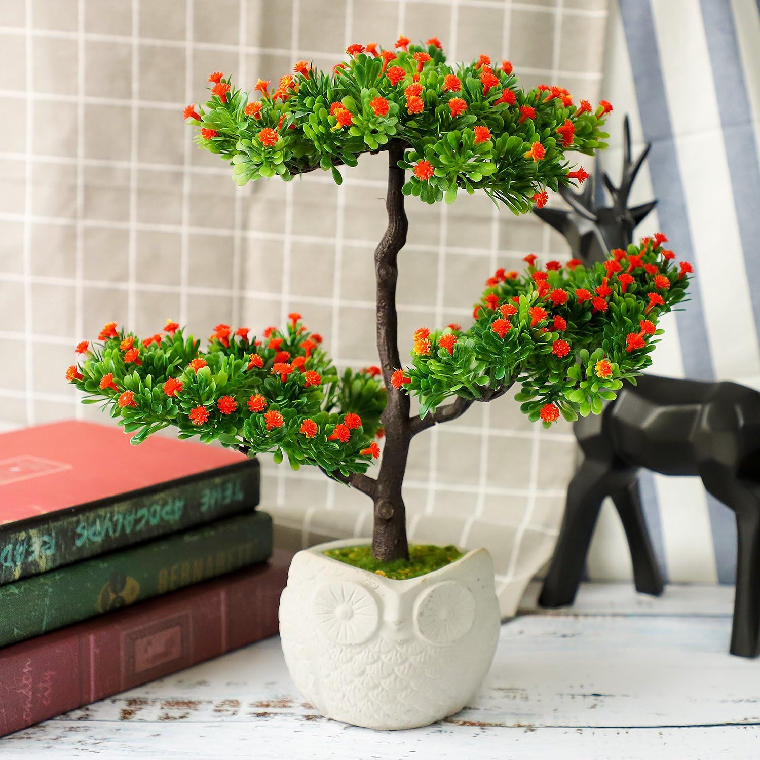 Home decor-Decorative Artificial Flowers/Faux Flowers Planted in Owl Shaped Cement Basin,Covered with Artificial Grass-for Home/Office Decor(Orange)