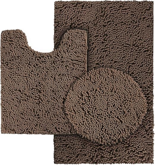 Amazon Com Homeideas 3 Pieces Bathroom Rugs Set Brown Includes U Shaped Contour Toilet Mat Bath Mat And Shaggy Toilet Lid Cover Machine Washable Non Slip Bath Rugs For Bathroom Tub Shower Kitchen