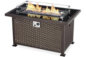 U-MAX 44in Outdoor Propane Gas Fire Pit Table, 50,000 BTU Auto-Ignition Gas Firepit with Glass Wind Guard, Black Tempered Glass Tabletop & Blue Glass Rock, Brown PE Rattan, CSA Certification