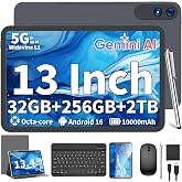 13 Inch Tablet with Keyboard, Android 16 Tablet with Gemini AI(Silver Case) | 32GB+256GB+2TB Expand, Tablets PC with 8-Core, 10000mAh, 120Hz 1920x1200 Display, GPS, 2 in 1 Large Tablets with Mouse,Stylus