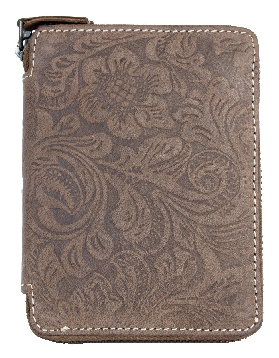 Women's natural genuine leather wallet with ornamental flower stamping