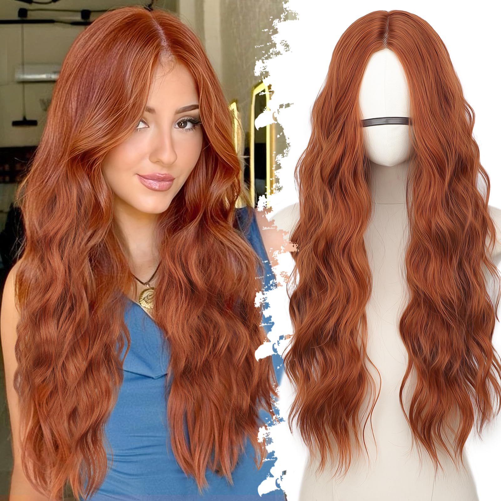 Photo 1 of Eawwii Ginger Long Wavy Wig for Women, Pre-Cut HD Lace Natural Hairline, Glueless Middle Part, Synthetic Fiber for Daily and Party Use 26Inch