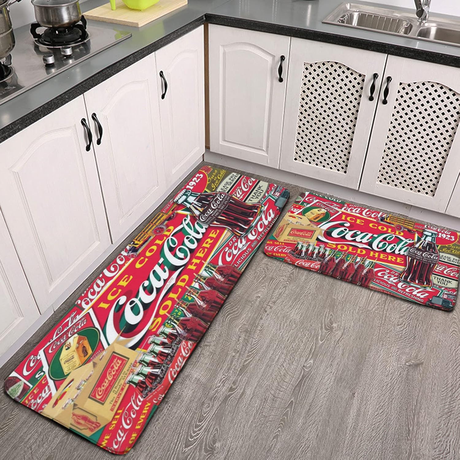 Coca_Cola Red 2 Pieces Kitchen Flannel Rugs and Mats Set Water Absorb Non-Slip Kitchen Carpet Washable Microfiber Bathroom Mat Doormat Carpet