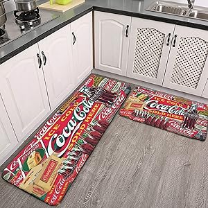 Coca_Cola Red 2 Pieces Kitchen Flannel Rugs and Mats Set Water Absorb Non-Slip Kitchen Carpet Washable Microfiber Bathroom Mat Doormat Carpet