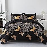 Yogeneg 7 Piece Bed in a Bag King Size Comforter Set Black Bedding Set,Gold Butterfly Leaves Printed on Black Reversible Design,Soft Microfiber Comforter with Sheet Set,All Season(Butterfly,King)