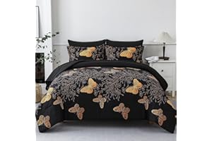Yogeneg 7 Piece Bed in a Bag Queen Size Comforter Set Black Bedding Set,Gold Butterfly Leaves Printed on Black Reversible Design,Soft Microfiber Comforter with Sheet Set,All Season(Butterfly,Queen)