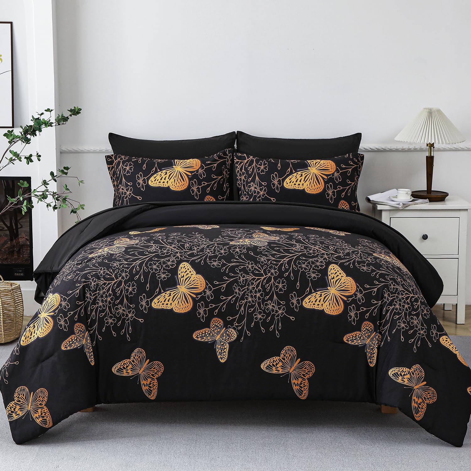 Photo 1 of ***(MISSING COMFORTER/ NOT A COMPLETE SET)****Yogeneg 7 Piece Bed in a Bag King Size Comforter Set Black Bedding Set,Gold Butterfly Leaves Printed on Black Reversible Design,Soft Microfiber Comforter with Sheet Set,All Season(Butterfly,King)