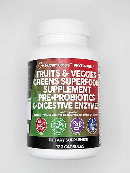CLEAN NUTRACEUTICALS FRUITS AND VEGGIES SUPPLEMENT REDS & GREEN SUPERFOOD – BALANCE OF OVER 70 FRUIT & VEGETABLE SUPPLEMENTS CAPSULES WITH PROBIOTICS PREBIOTICS DIGESTIVE ENZYMES – 120 CT USA